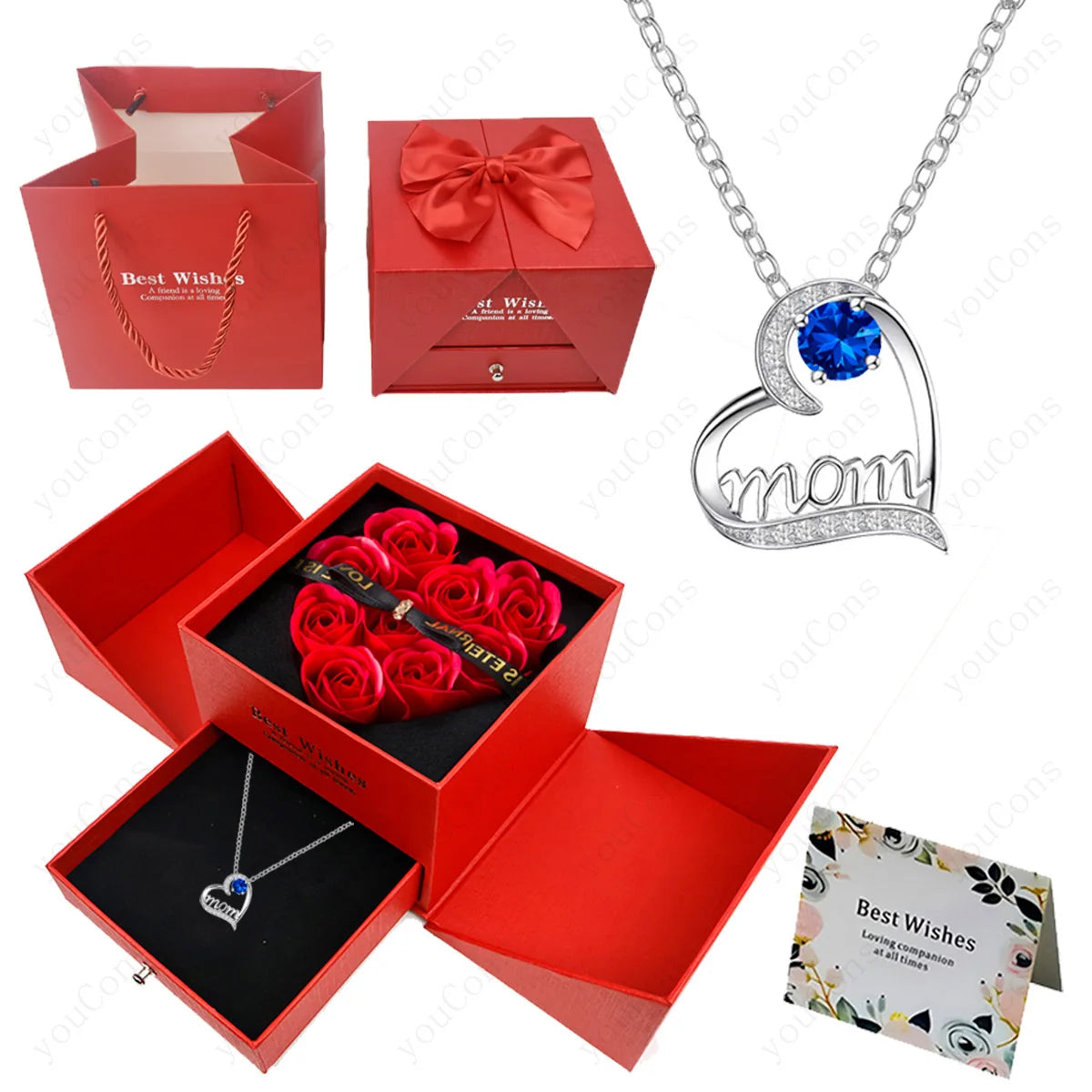 Luxury Heart Necklace Pendant with Rose Gift Box for Mother, Wife, Girlfriend 