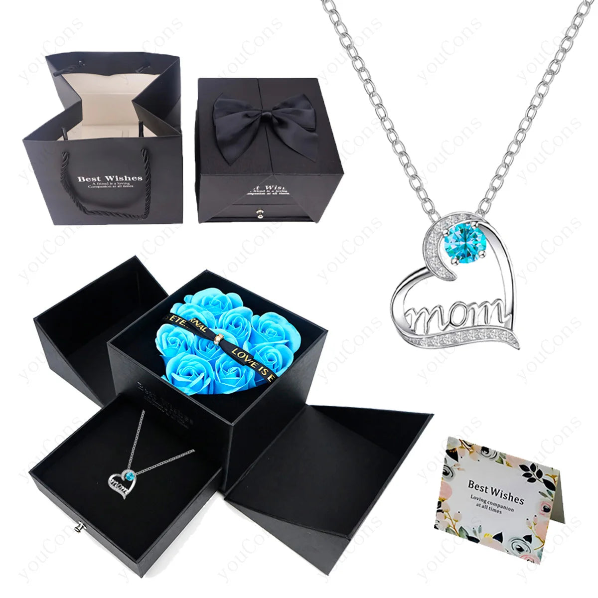 Luxury Heart Necklace Pendant with Rose Gift Box for Mother, Wife, Girlfriend 
