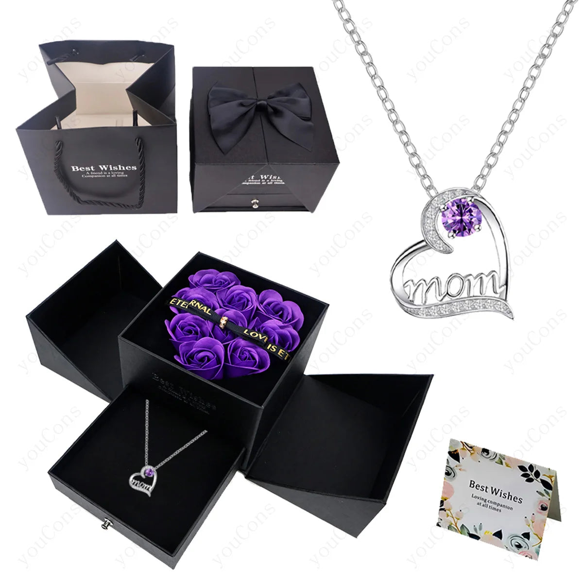Luxury Heart Necklace Pendant with Rose Gift Box for Mother, Wife, Girlfriend 