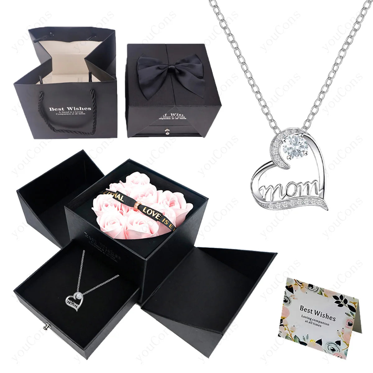 Luxury Heart Necklace Pendant with Rose Gift Box for Mother, Wife, Girlfriend 
