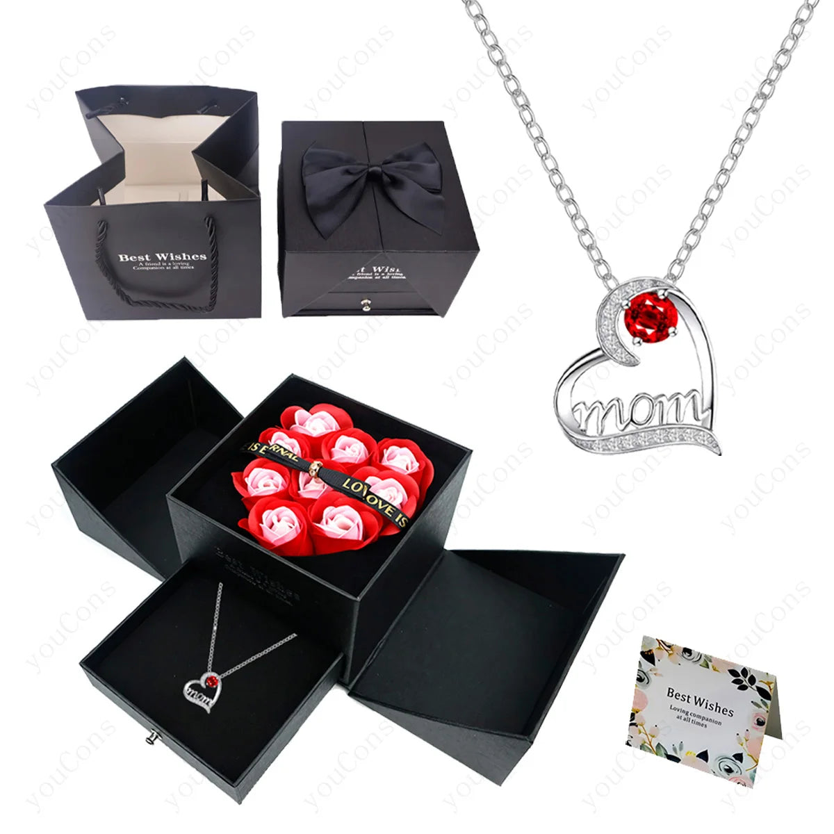 Luxury Heart Necklace Pendant with Rose Gift Box for Mother, Wife, Girlfriend 