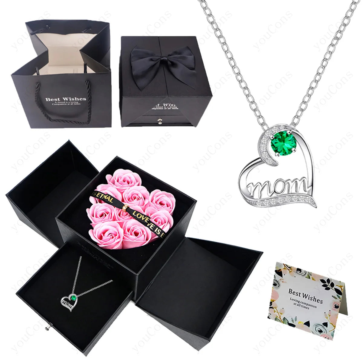 Luxury Heart Necklace Pendant with Rose Gift Box for Mother, Wife, Girlfriend 