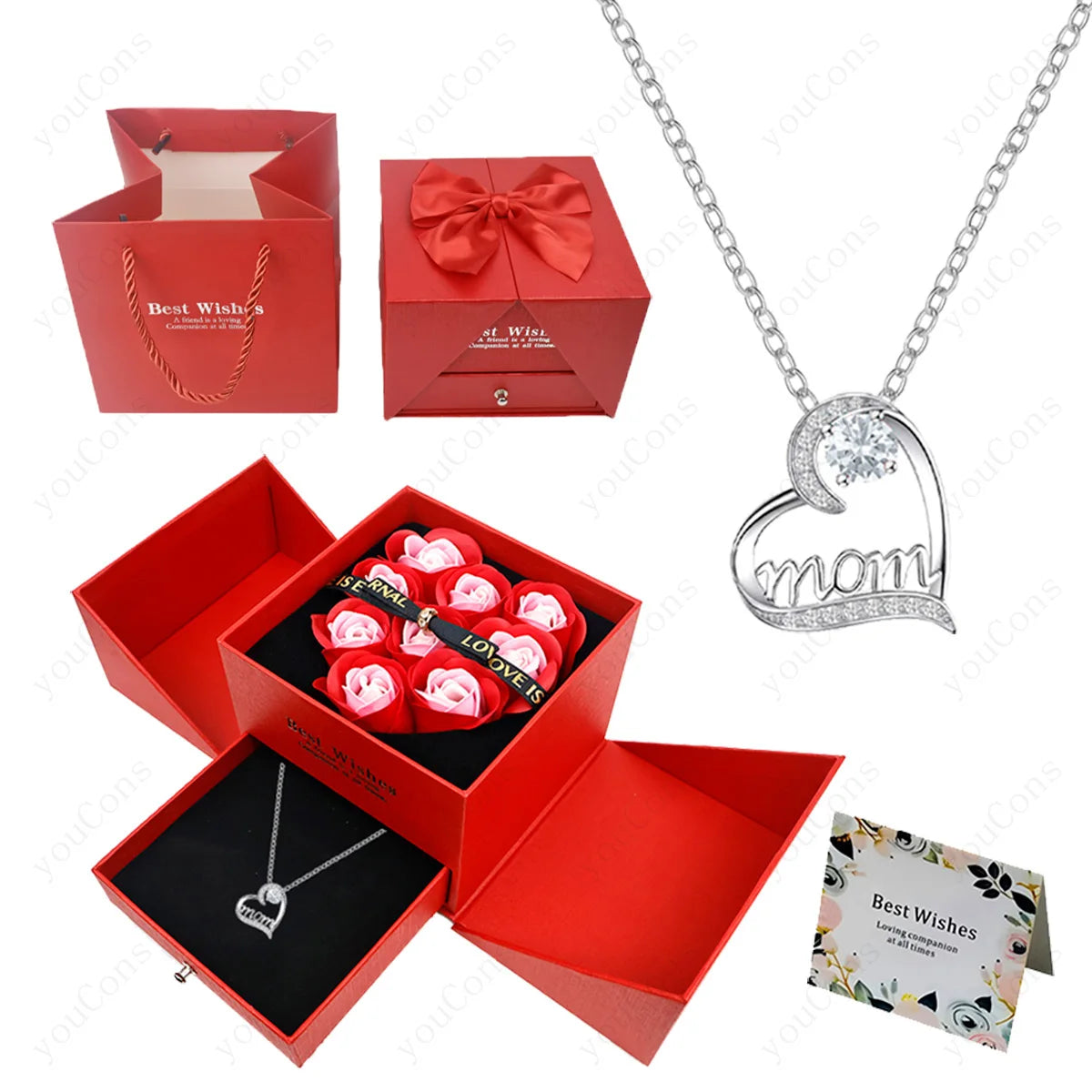 Luxury Heart Necklace Pendant with Rose Gift Box for Mother, Wife, Girlfriend 