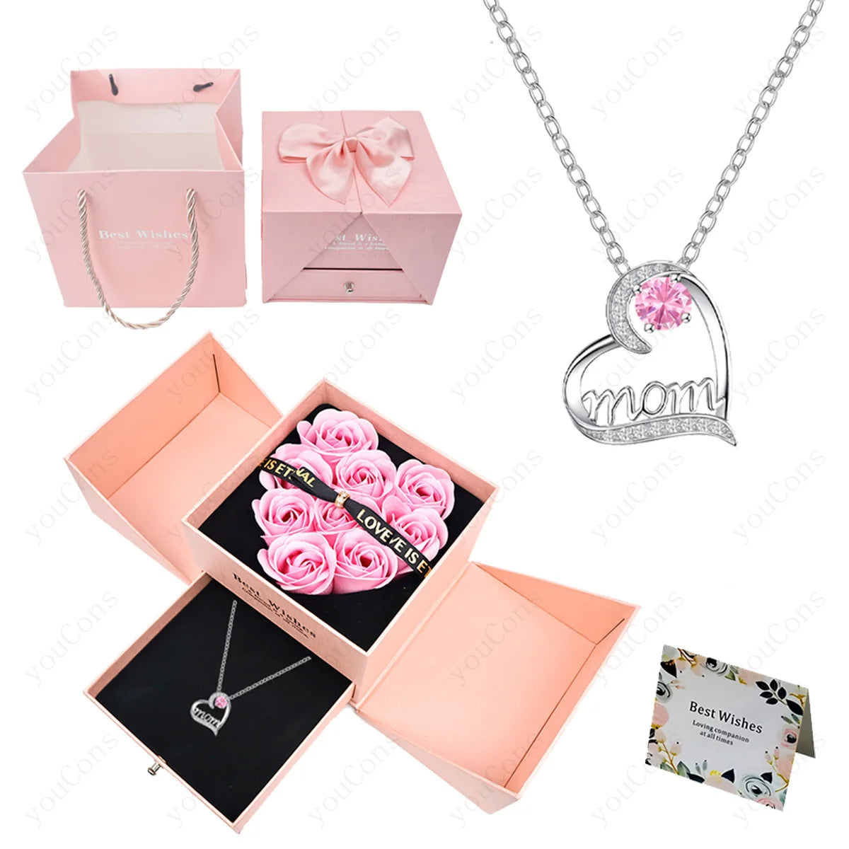 Luxury Heart Necklace Pendant with Rose Gift Box for Mother, Wife, Girlfriend 