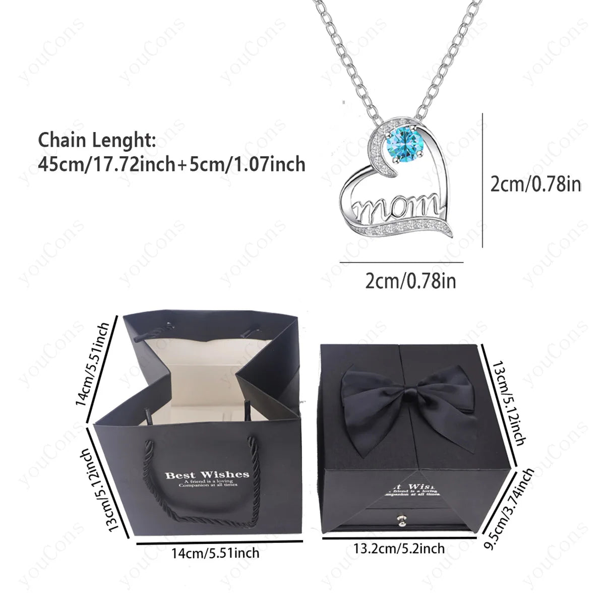 Luxury Heart Necklace Pendant with Rose Gift Box for Mother, Wife, Girlfriend 