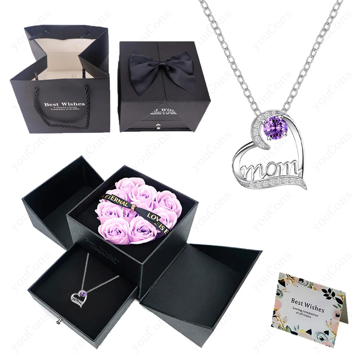 Luxury Heart Necklace Pendant with Rose Gift Box for Mother, Wife, Girlfriend 