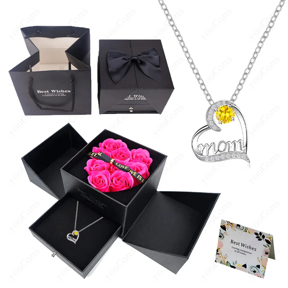 Luxury Heart Necklace Pendant with Rose Gift Box for Mother, Wife, Girlfriend 